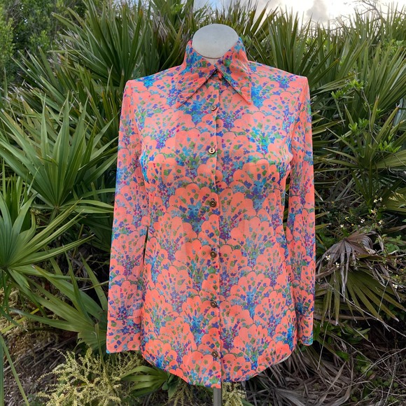 Vintage Tops - Accentuette Sheer Dagger Collar Button Up 70s Vtg